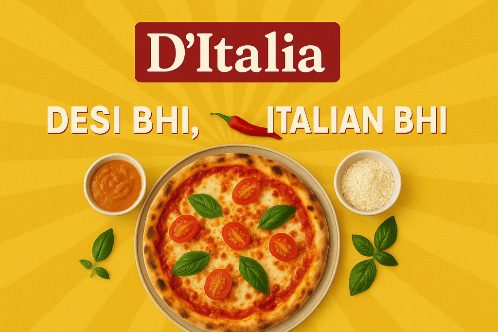 A vibrant pizza topped with tomatoes and basil, with two small bowls of sauce and cheese on the side, set against a yellow background featuring the text 'D'Italia' and 'DESI BHI, ITALIAN BHI'.